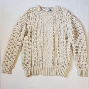 Irish Handknit Pure Wool Crewneck Aran Sweater White Size L